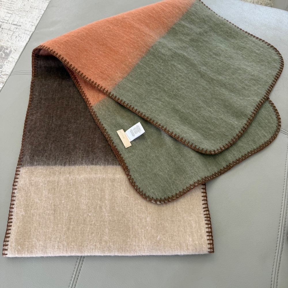 MM Pilcro Anthropologie Colorblock Blanket Scarf Green Orange Yellow Stitch Trim